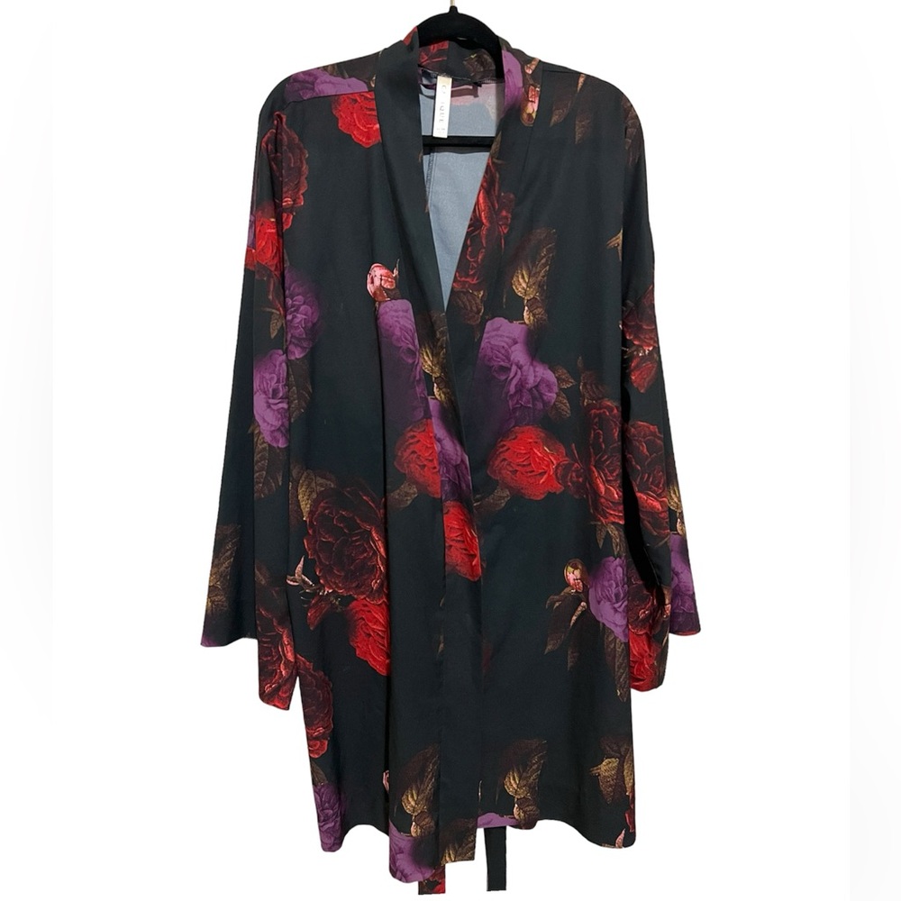 Cacique Black Red Floral Georgette Belted Lightweight Kimono Short Robe